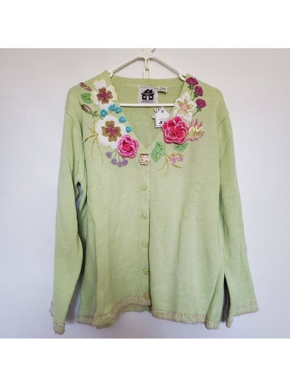 STORYBOOK KNITS SWEATER 'FLOWER ARRANGEMENT' WHIMSICAL GREEN WOMENS (L)